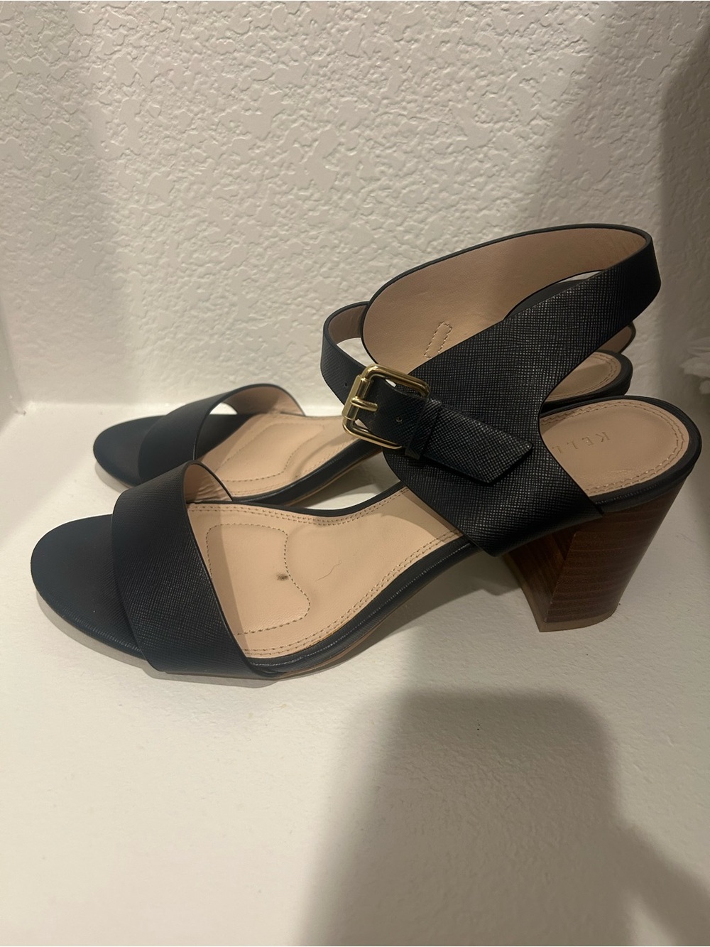 Navy blue Leather Block Heel Sandals with Gold Buckle
